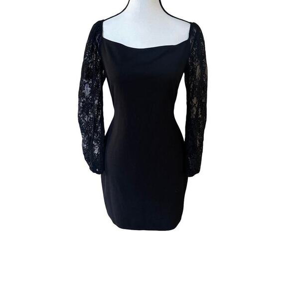 BEBE BLACK LACE SLEEVE MINI SQUARE NECK DRESS SIZE LARGE. - Picture 3 of 9
